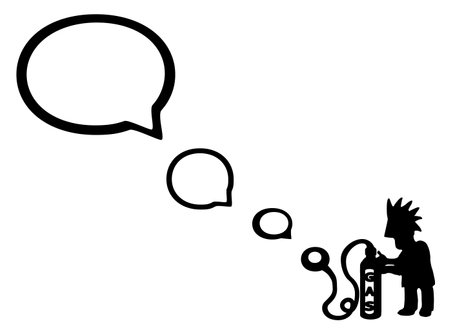 Hot air speech balloon inflating figure silhouette stencil black, vector illustration, horizontal, over white, isolatedのイラスト素材