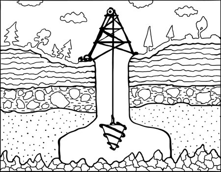 Drilling deep underground through layers plan view, black and white, vector illustration, horizontalのイラスト素材