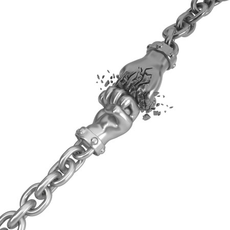 Fist metal chain smashed winning competition against another, dark grey color, 3d illustration, isolated, vertical, over whiteの写真素材