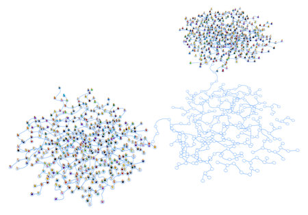 Crowd of small symbolic 3d figures linked by lines, complex layered system empty network hub transfer, over white, horizontal, isolatedの写真素材