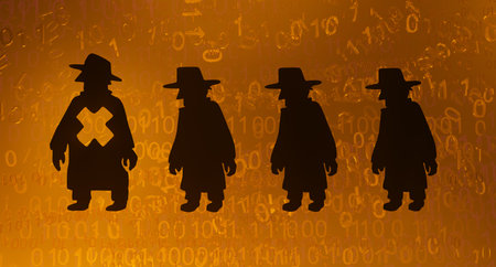 Cyberspace spy shadow figure marked one, orange color, virtual reality abstract 3d illustration, horizontalの写真素材