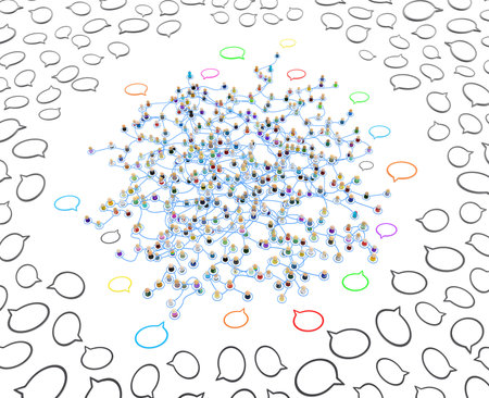 Crowd of small symbolic 3d figures linked by lines, complex layered system surrounded by speech bubbles, over white, horizontal, isolatedの写真素材