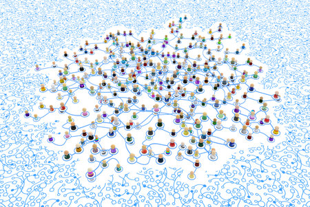 Crowd of small symbolic 3d figures linked by lines, complex layered system micro connections outside, over white, horizontalの写真素材