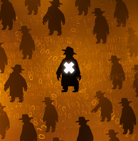 Cyberspace spy shadow figure selected one from many, orange color, virtual reality abstract 3d illustration, horizontalの写真素材