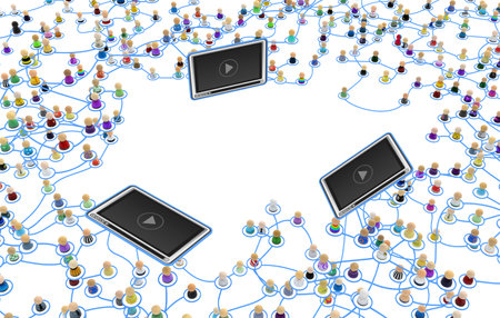 Crowd of small symbolic 3d figures linked by lines, complex layered system video players, over white, horizontalの写真素材