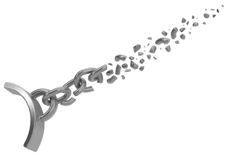 Shackles breaking chain collar ring part grey metal 3d illustration, isolated, horizontal, over whiteの写真素材