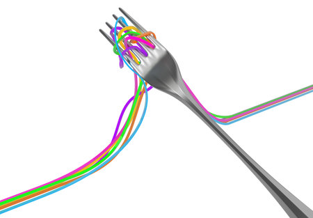 Fork metal taking tangled colored string, 3d illustration, horizontal, isolated, over whiteの写真素材