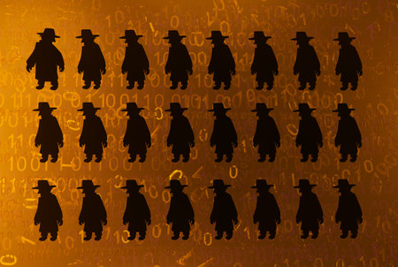 Cyberspace spy ranks shadow figures, orange color, virtual reality abstract 3d illustration, horizontalの写真素材