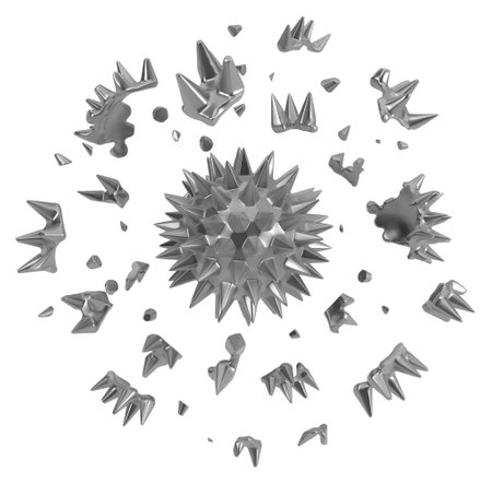 Shattering metal spiky ball, 3d illustration, horizontal, isolated, over whiteの写真素材