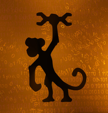 Cyberspace monkey wrench shadow, orange color, virtual reality abstract 3d illustration, horizontalの写真素材