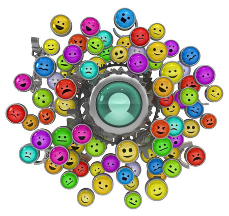 Avatar button many emotions collection mechanism metal 3d illustration, isolated, over white, horizontalの写真素材