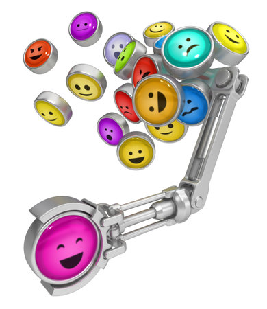 Emotion buttons metal robotic arm grabbing 3d illustration, isolated, over white, horizontalの写真素材