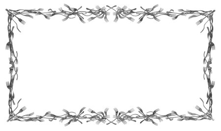 Forks merged metal, large rectangular frame construction, 3d illustration, horizontal, isolated, over whiteの写真素材