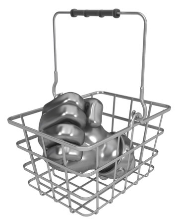 Shopping basket metal with fist inside, 3d illustration, horizontal, isolated, over whiteの写真素材