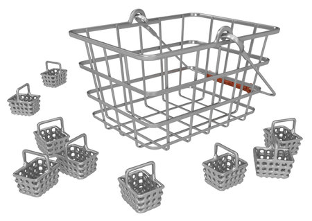 Shopping basket metal with tiny ones, 3d illustration, horizontal, isolated, over whiteの写真素材