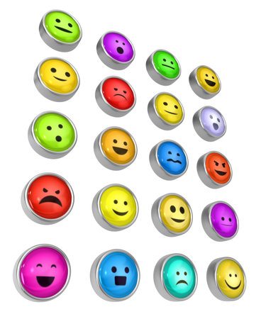 Emotion buttons metal 3d illustration, isolated, over white, horizontalの写真素材