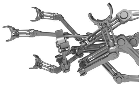 Robotic arms cupped, grey metal 3d illustration, horizontal, over white, isolatedの写真素材