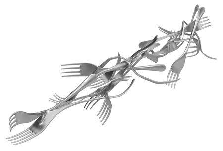 Forks merged metal, 3d illustration, horizontal, isolated, over whiteの写真素材