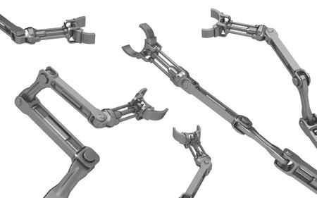 Robotic arm cupped, grey metal 3d illustration, horizontal, over white, isolatedの写真素材