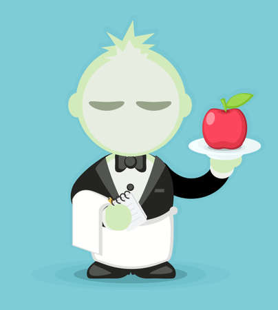 Vegetarian waiter with red apple cartoon color vector illustration, verticalのイラスト素材