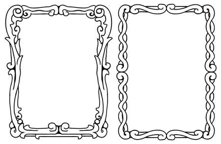 Ornate two picture frames decorative black ink design element, vector illustration, vertical, isolatedのイラスト素材