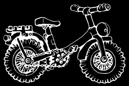 Sturdy bicycle cartoon line drawing, vector, horizontal, white over black, isolatedのイラスト素材
