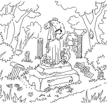 Park old statue scene line drawing, vector, horizontal, black and whiteのイラスト素材