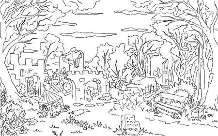 Park old ruins scene line drawing background, vector, horizontal, black and whiteのイラスト素材
