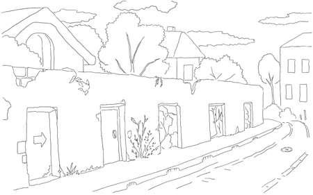 Street empty long wall scene line drawing background, vector, horizontal, black and whiteのイラスト素材