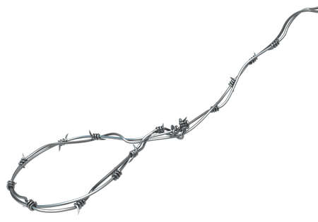 Barbed wire snare loop, grey metal 3d illustration, isolated, horizontal, over whiteの写真素材