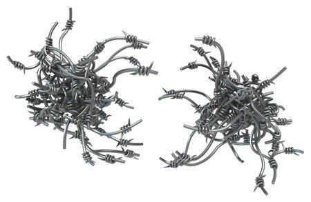 Barbed wire knot tangles, grey metal 3d illustration, isolated, horizontal, over whiteの写真素材