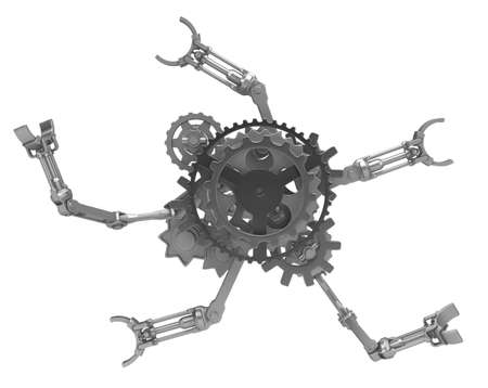 Gear metal robotic arms five 3d illustration, isolated, over white, horizontal