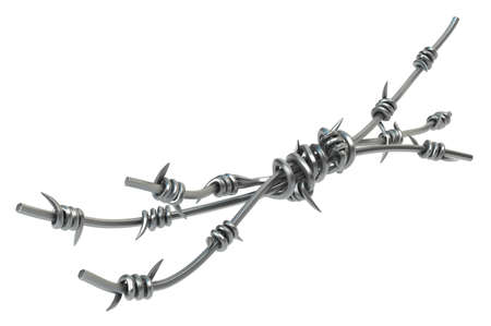 Barbed wire bundled, grey metal 3d illustration, isolated, horizontal, over whiteの写真素材