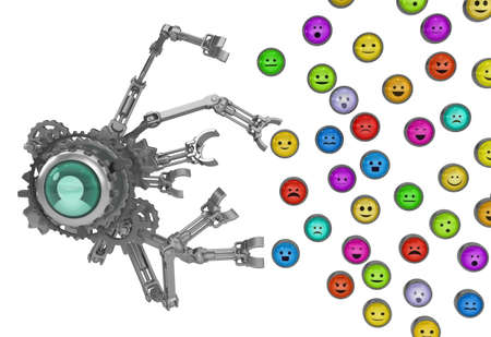 Avatar button emotions collection mechanism robotic arms harvesting metal 3d illustration, isolated,...