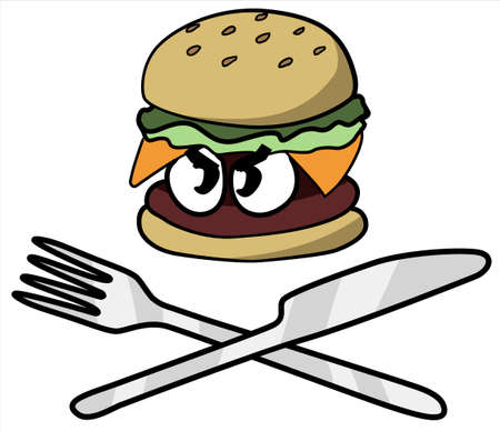 Angry hamburger, cartoon color vector illustration, horizontal, over white, isolatedのイラスト素材