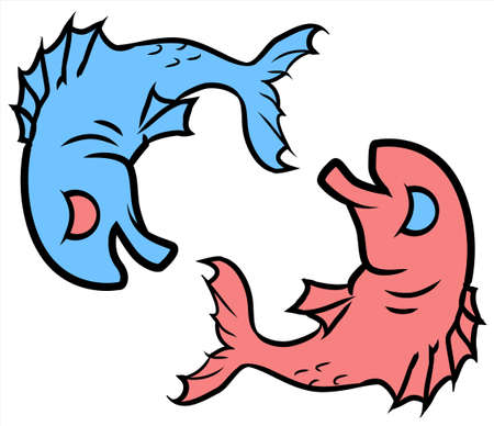 Happy sad fish, cartoon color vector illustration, horizontal, over white, isolatedのイラスト素材