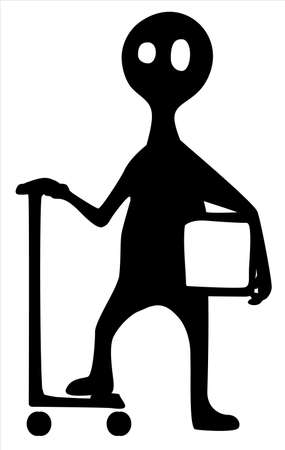 Delivery person with scooter cartoon character black silhouette, vector illustration, vertical, isolated, over whiteのイラスト素材