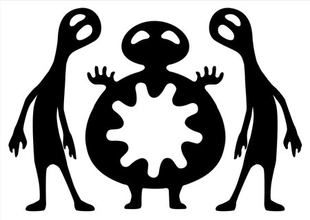 Health bomb inside body cartoon character black silhouette, vector illustration, horizontal, isolated, over whiteのイラスト素材