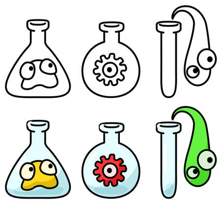 Virus laboratory flasks cartoon design element set, isolated color vector, horizontalのイラスト素材