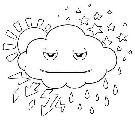Weather cloud cartoon line drawing, vector, horizontal, black and white, isolatedのイラスト素材