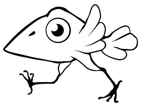 Bird walking cartoon line drawing, vector, horizontal, black and white, isolatedのイラスト素材