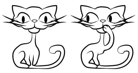Skinny cat amused cartoon line drawing, vector, horizontal, black and white, isolatedのイラスト素材