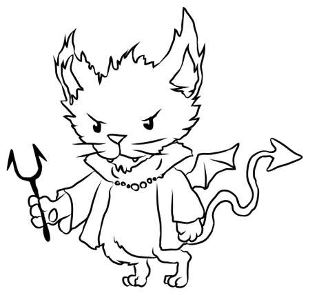 Devil cat cartoon line drawing, vector, horizontal, black and white, isolatedのイラスト素材