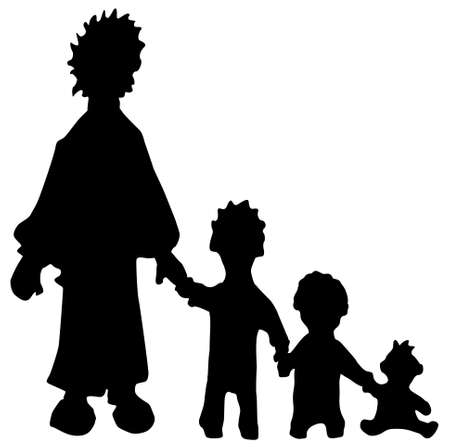 Family single parent figure silhouette stencil black, vector illustration, horizontal, over white, isolatedのイラスト素材