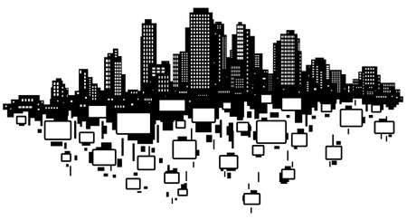 Skyline city falling rooms silhouette outline black, vector illustration, horizontal, over white, isolatedのイラスト素材