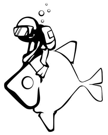 Fish rider cartoon line drawing, vector, horizontal, black and white, isolatedのイラスト素材
