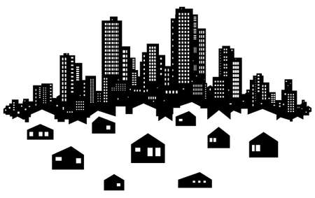 Skyline city suburbs silhouette outline black, vector illustration, horizontal, over white, isolatedのイラスト素材