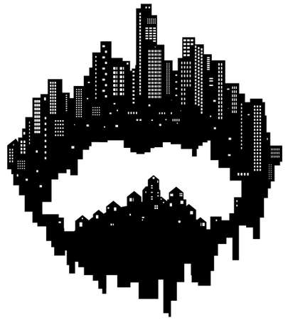 Skyline city inner village silhouette outline black, vector illustration, horizontal, over white, isolatedのイラスト素材