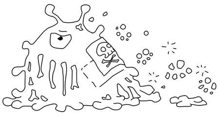Toxic sludge monster cartoon line drawing, vector, horizontal, black and white, isolatedのイラスト素材