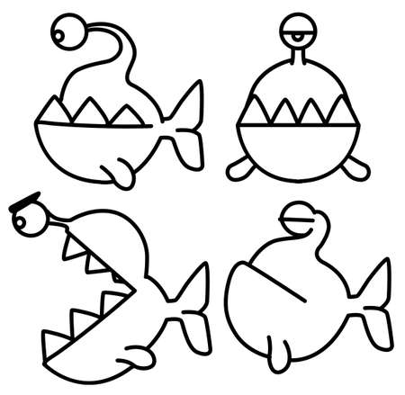 Visious cartoon fish with one eye and biting teeth line drawing poses set, vector, horizontal, black and white, isolatedのイラスト素材